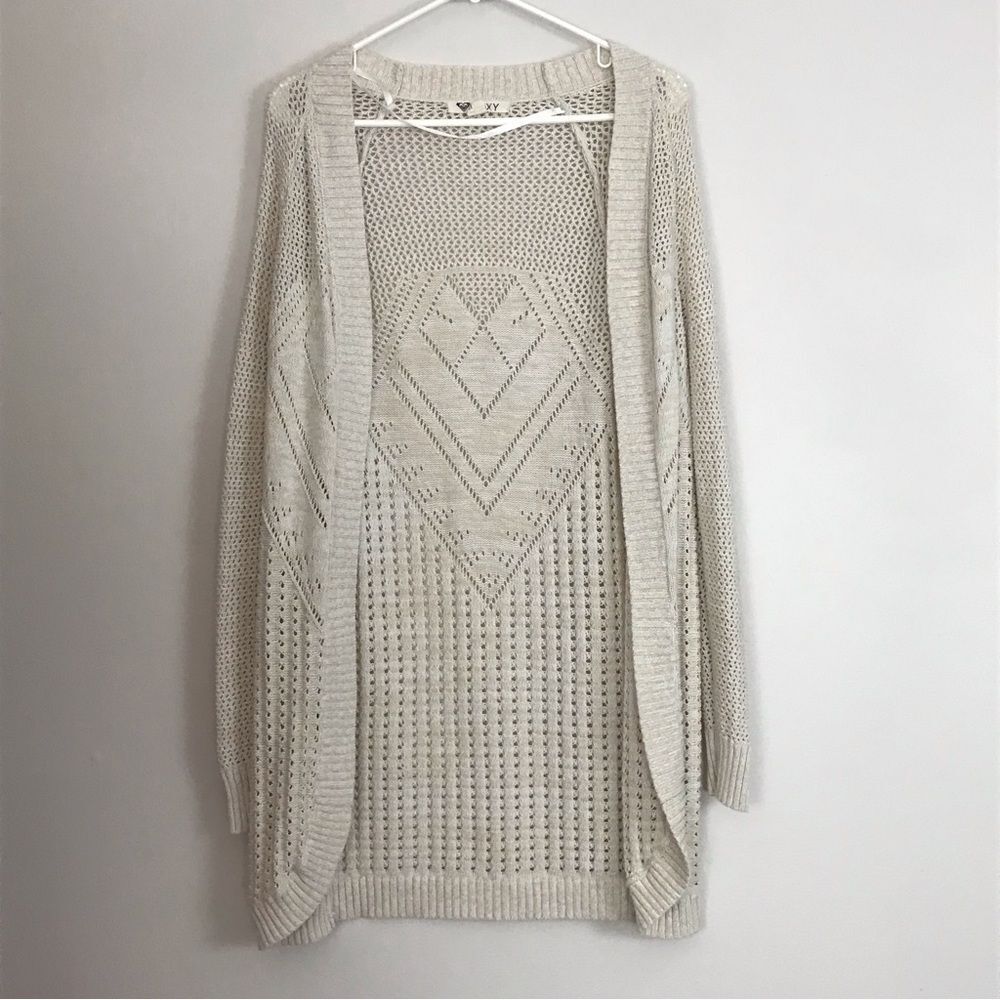 Roxy Sz XS Cream Beige Knit Cardigan Y2K Long Sleeve Ribbed Pattern Casual Comfy